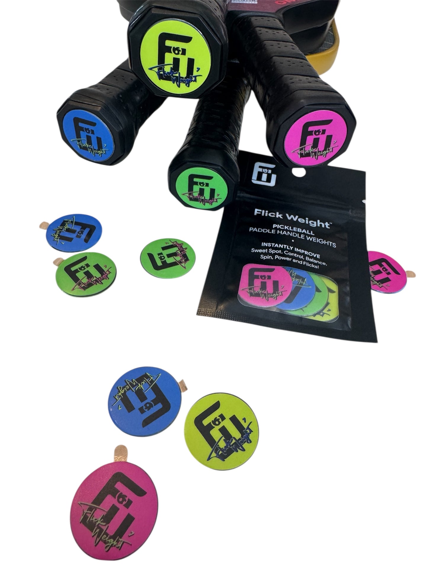 7g lead flick weights on pickleball paddle handles and in a package waiting to stick onto paddles