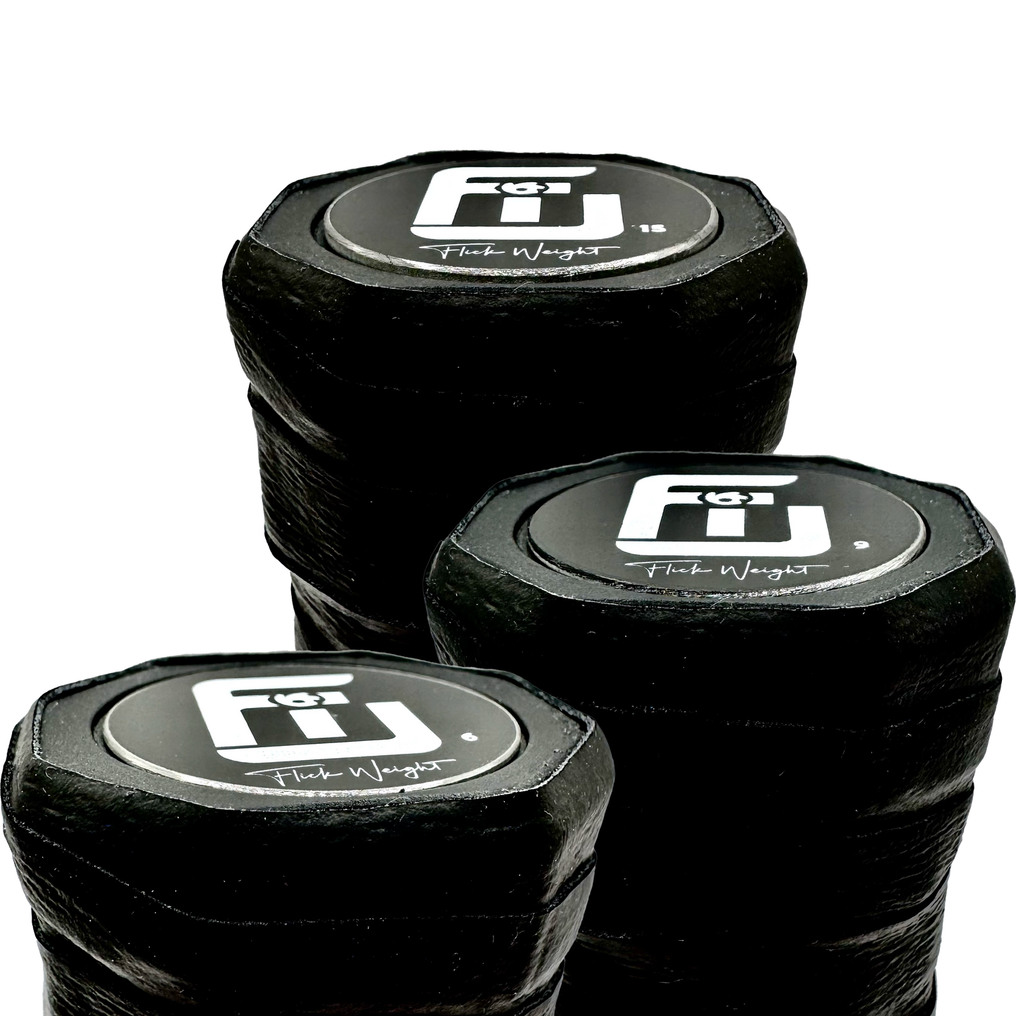 tungsten 3 pack of Light Flick weights on 3 pickleball paddle handles to show their sizes and thickness