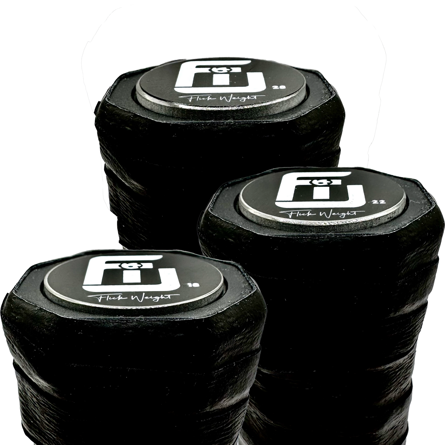 The Heaviest Flick Weights in a 3 pack shown on a pickleball paddle to demonstrate the size and thickness difference.