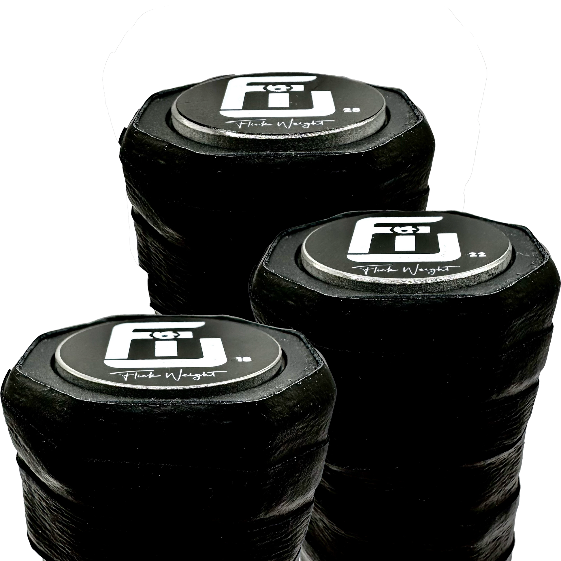 The Heaviest Flick Weights in a 3 pack shown on a pickleball paddle to demonstrate the size and thickness difference.