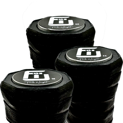 The Heaviest Flick Weights in a 3 pack shown on a pickleball paddle to demonstrate the size and thickness difference.